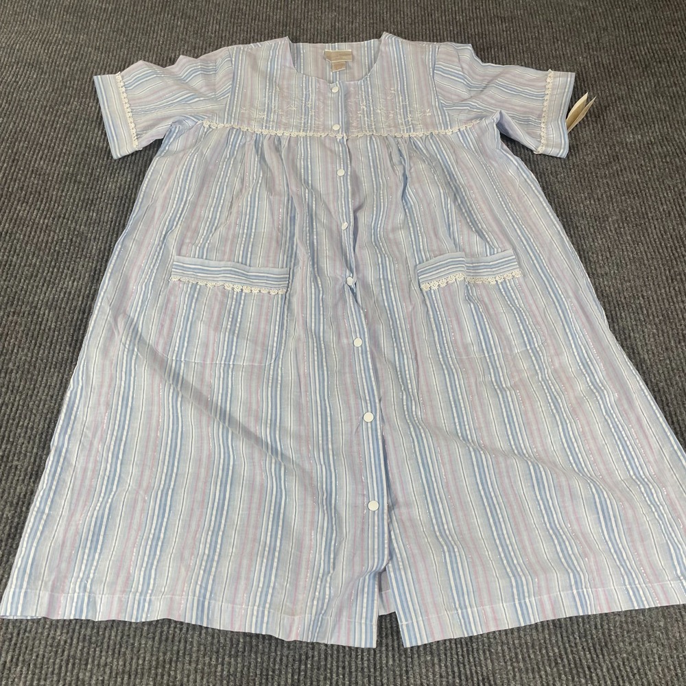 Intimate Essentials Pajama Night Gown Womens 1X Blue Striped Button Up Pockets